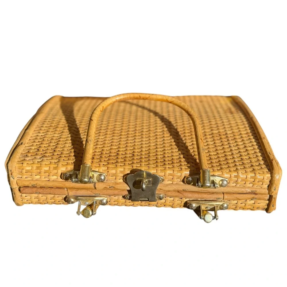 Vintage Wicker Top Handle Bag Woven Rattan Satchel Purse Honey Brown Cottagecore